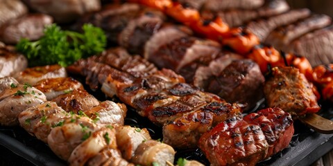 Churrasco feast with a variety of meats and flavors for a celebration. Concept Brazilian BBQ, Grilled Meats, Outdoor Feast, Celebration Cooking, Flavorful Churrasco
