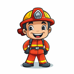 A cartoon-style illustration of a friendly fireman character on a white background in vector style