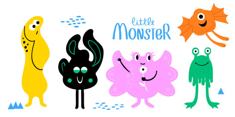 Fototapeta premium Fantastic little monsters. funny abstract creatures with different emotions.Colorful hand drawn vector illustration isolated on white background