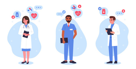 Medical hospital staff. Doctors characters, professional therapist, surgeon or neurologist, doctors wearing uniform flat vector illustration set. Hospital healthcare workers