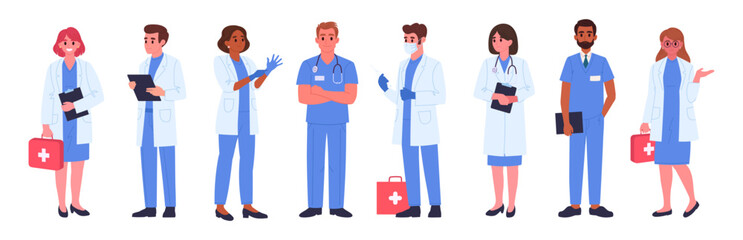 Obraz premium Medical clinic workers. Doctors and nurses, therapist, surgeon and anesthesiologist, paramedic and nurse, hospital professional staff flat vector illustration set. Medicine, healthcare characters