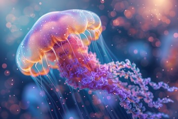 Naklejka premium Jellyfish Journey An abstract background of swirling, translucent colors, resembling a jellyfish s body The 3D cartoon character could be a small