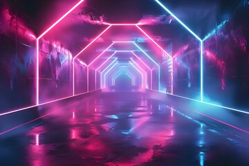 Fototapeta premium Neon Dreams A dark background with neon colored lines and shapes, creating a futuristic, psychedelic vibe The 3D effect could be achieved through glowing lines and shadows