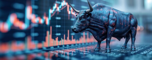A panoramic view of a stylized bull with digital market data overlay, symbolizing financial trends