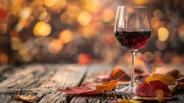Selective focus photo of red wine glass with autumn leaves on blurry wood texture with room for text