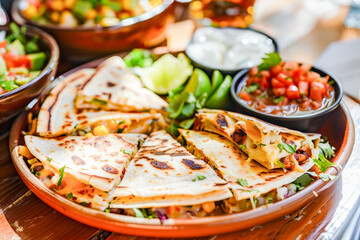 Close up of a plate of "Quesadillas", traditional Mexican dish, accompanied by dip sauces.