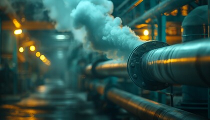 Pipelines in an industrial setting with a considerable amount of steam being released, highlighting the operational intensity and mechanical energy of industrial systems.