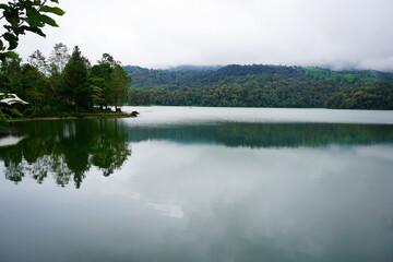 Serene Calm Lake Reflecting Misty Forest in the Morning in Lembang