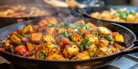 Colorful Indian KadPaneer dishes served in a sizzling wok at your table. Concept Indian Cuisine, KadPaneer, Sizzling Wok, Colorful Dishes, Tableside Service