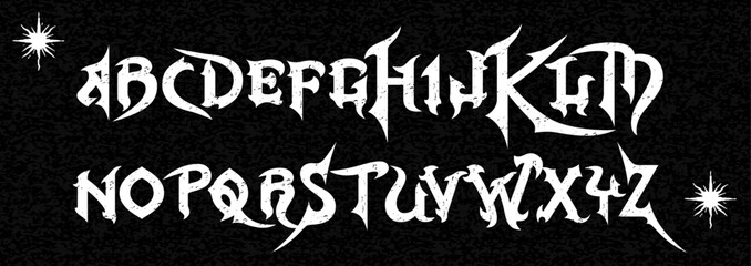 Gothic font. Medieval dark tattoo y2k alphabet, letter typography print, dark vintage scary typeface. Rock poster sign, metal music handwriting graffiti, magic calligraphy. Vector calligraphy 