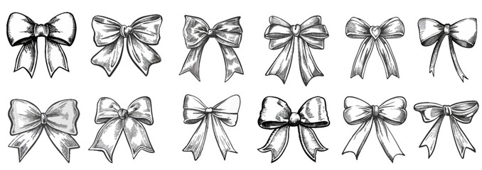 Elegant bow ribbons with vintage stipple effect, y2k coquette collage design. Vector Set for Stylish and Decorative Design Projects