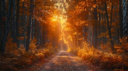 Sunlit Autumn Forest Path - Generative AI