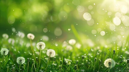 Dandelions in a green field with room for text