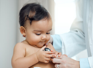 Baby, stethoscope and hands of doctor in clinic for check up, development and progress for growth....