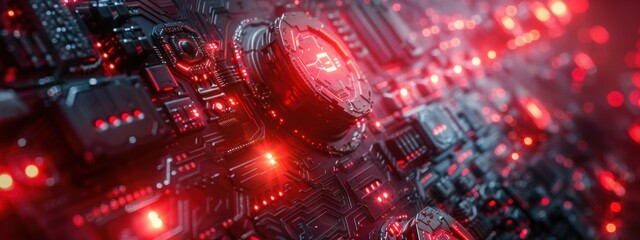 Obraz premium Big pillar decorated with red glowing electrical circuits. 