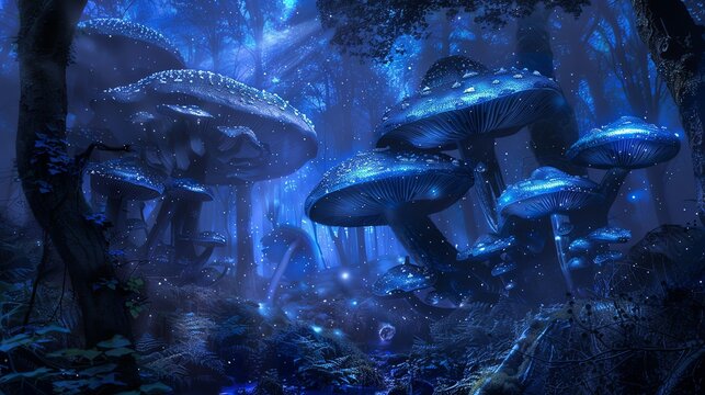 Bright blue mushrooms grow in dense forests