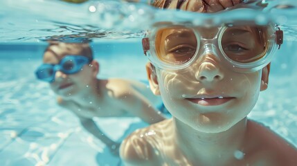 Naklejka premium Close up view of children swimming in swimming pool with swimming goggles concept, summer background. Ai generated image