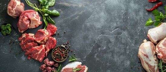 Different kinds of uncooked beef, pig, and poultry meats on a stone surface with space for text.