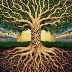 an illustration of a colossal tree of life rising from the heart of a lush,