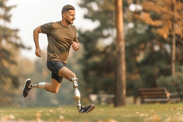A runner equipped with prosthetic legs jogging through an autumn park, illustrating strength, adaptability, and the serene natural environment during the fall season.