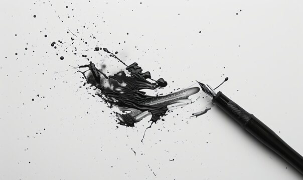 pen writing in black ink on white paper creating an artistic splash of color and shape, focusing on the unique visual effect and creation process against a pure white background