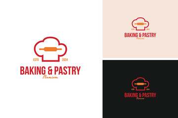 A logo design chef hat with a rolling pin. Symbolizing baking and pastry arts. Vector illustration template idea