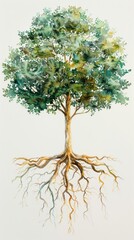 Fototapeta premium Watercolor illustration of a flourishing tree with roots, symbolizing growth and connection. Natural, elegant, and nurturing concept.