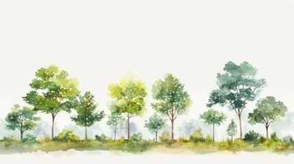 Watercolor illustration of a serene forest landscape with various trees and foliage against a white background.
