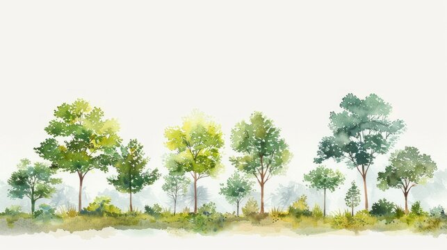 Watercolor illustration of a serene forest landscape with various trees and foliage against a white background.