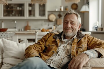 Fototapeta premium A mature man with a graying beard is relaxing in his living room, wearing a brown jacket. He looks happy and comfortable