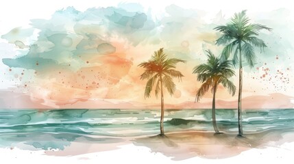 Obraz premium Beautiful watercolor painting of a tropical beach with palm trees at sunset. Ideal for travel, nature, or summer-themed designs.