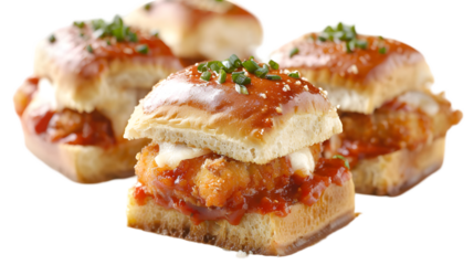  Chicken Parmesan sliders with crispy chicken cutlets, marinara sauce, and melted mozzarella cheese in soft dinner rolls, on a transparent background 