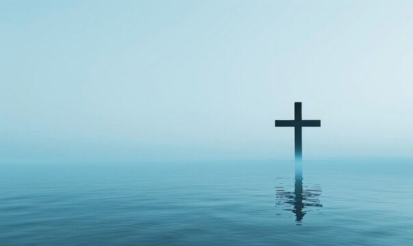 cross floating on water with minimalistic blue background, calm sea and foggy horizon, symbolic representation of Jesus' death, tranquil atmosphere, high resolution