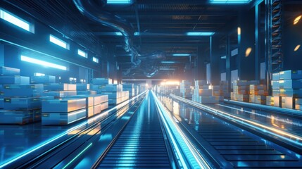 Futuristic warehouse conveyor with glowing lights and stacked boxes, illustrating advanced technology in logistics and automation.