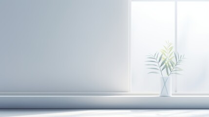 Minimalist interior with natural light, white walls, and a simple vase with greenery near a sunlit window, creating a calm, serene atmosphere.