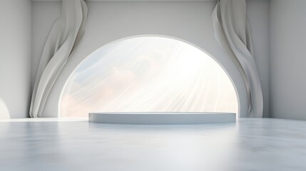 Fototapeta premium Minimalistic white room with a circular platform and arched window, featuring soft natural light and draped curtains.