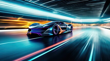 Obraz premium Futuristic sports car speeds through a neon-lit tunnel, showcasing cutting-edge technology and high performance in a modern urban setting.