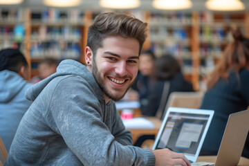 Fototapeta premium A young man smiles as he works on a laptop in a library setting. He sits at a table with other students working nearby
