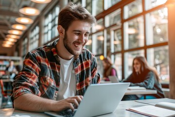 Fototapeta premium A young man in a plaid shirt smiles while using a laptop in a coffee shop