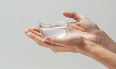 hands holding glass of water on white background, minimalist style with soft lighting and clear focus, high resolution, detailed close-up, representing purity, hydration, and simplicity
