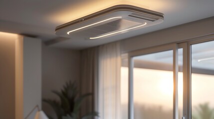 Modern ceiling air conditioner with sleek design in a bright room, offering efficient climate control and aesthetic appeal.