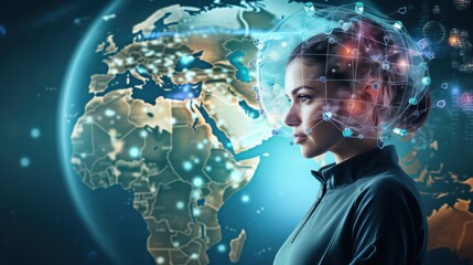 A woman with a futuristic digital overlay, representing technology and global connectivity, set against a backdrop of the Earth's continents.