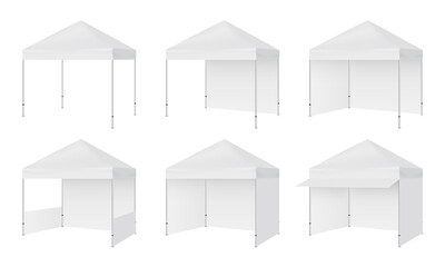 Set Of Pop Up Canopy Commercial Square Tents, Isolated On White Background, Side View. Vector Illustration