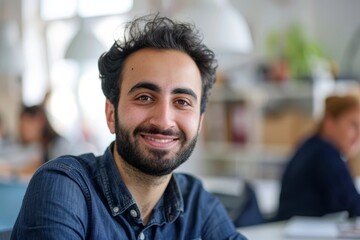 Obraz premium A man wearing a blue shirt sits at a desk with a smile on his face in an office setting