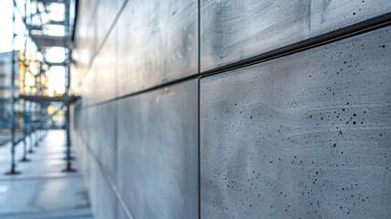 Obraz premium Close-up of a concrete wall with scaffolding on the left side.
