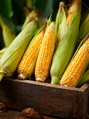 Corns in a box in the beautiful garden Selective focus