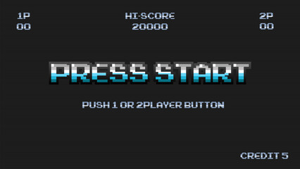 Fototapeta premium PRESS START INSERT A COIN TO CONTINUE .pixel art .8 bit game.retro game. for game assets in vector illustrations.Retro Futurism Sci-Fi Background. glowing neon grid.and stars from vintage arcade comp