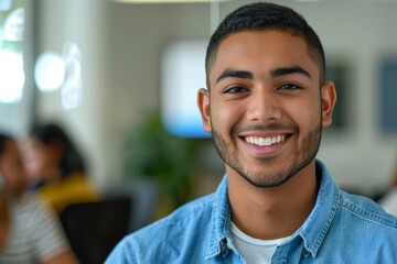 Obraz premium A portrait of a young man in a blue shirt smiling in an office setting