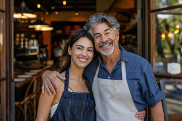 Fototapeta premium A man and woman, presumably owners of a restaurant, stand smiling outside their establishment during the daytime