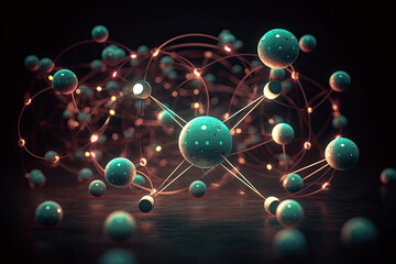 Close up of atomic nucleus with orbiting particles on dark background, retro futurism